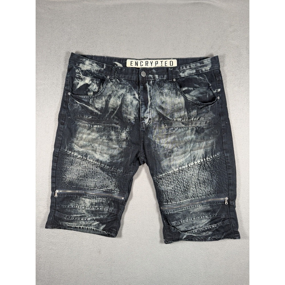 Encrypted Mens Black Acid Wash Waxed Biker Moto Bermuda Denim Shorts Size 44